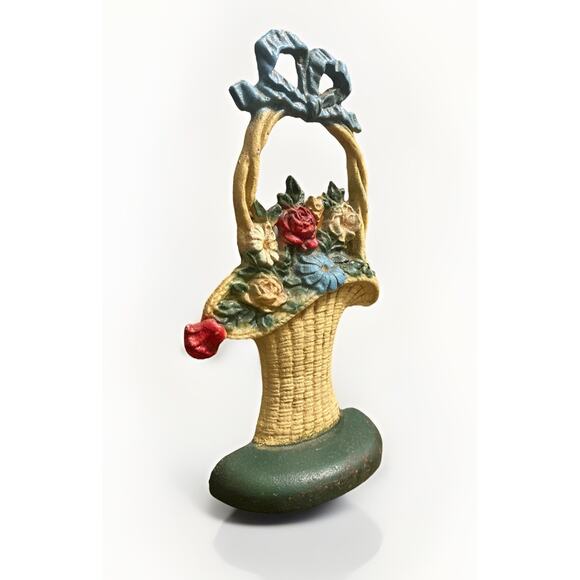 Vintage John Wright Cast Iron Floral Bouquet Basket Door Stop Flowers USA 10" - Picture 4 of 4